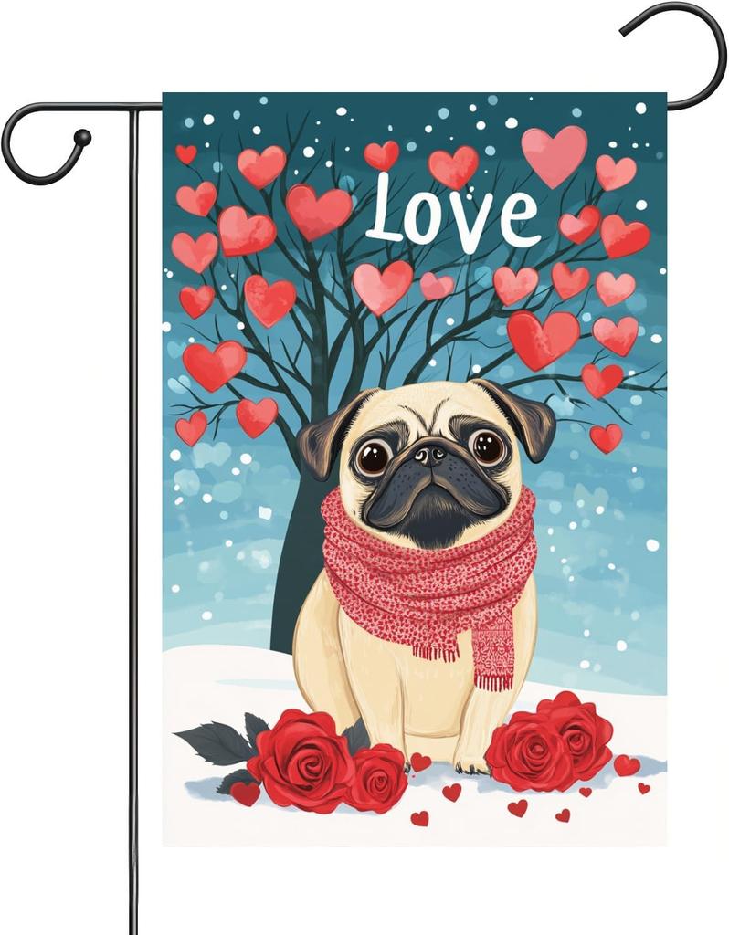 A Cute Pug Dog Garden ag, A Happy Valentine's Day Yard ag 12x18 inch Double-Sided Valentine's Day Wedding Indoor