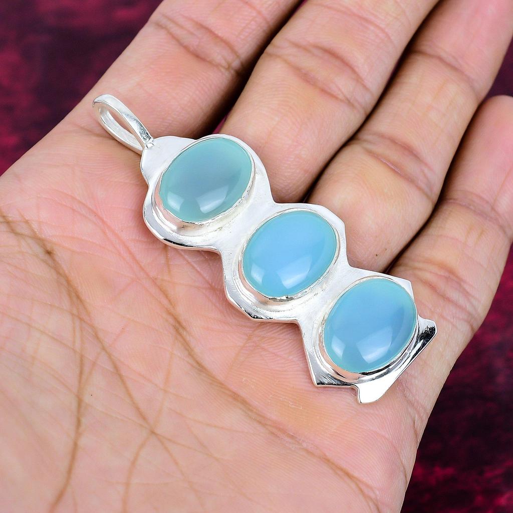 Blue Chalcedony 925 Solid Sterling Silver Pendant, Handmade Gemstone Pendant Jewelry, Gifts For Wife Brand New Pendant