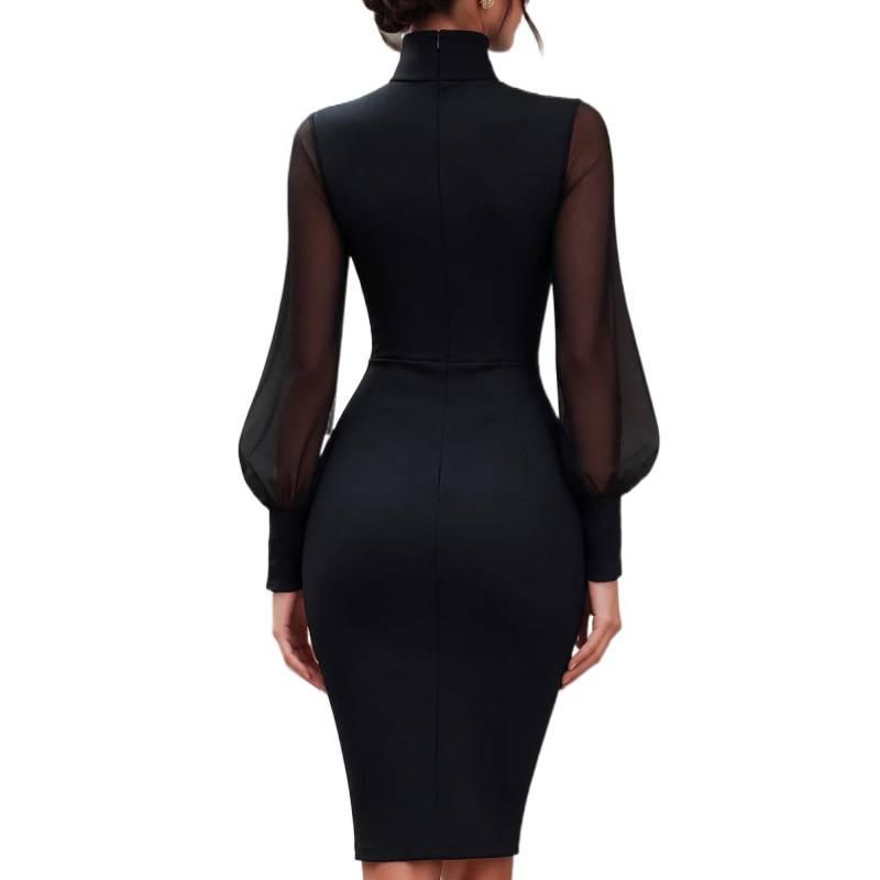 European and American spring and summer elegance temperament high-end satin mesh stitching turtleneck waist hip wrap evening dress dress