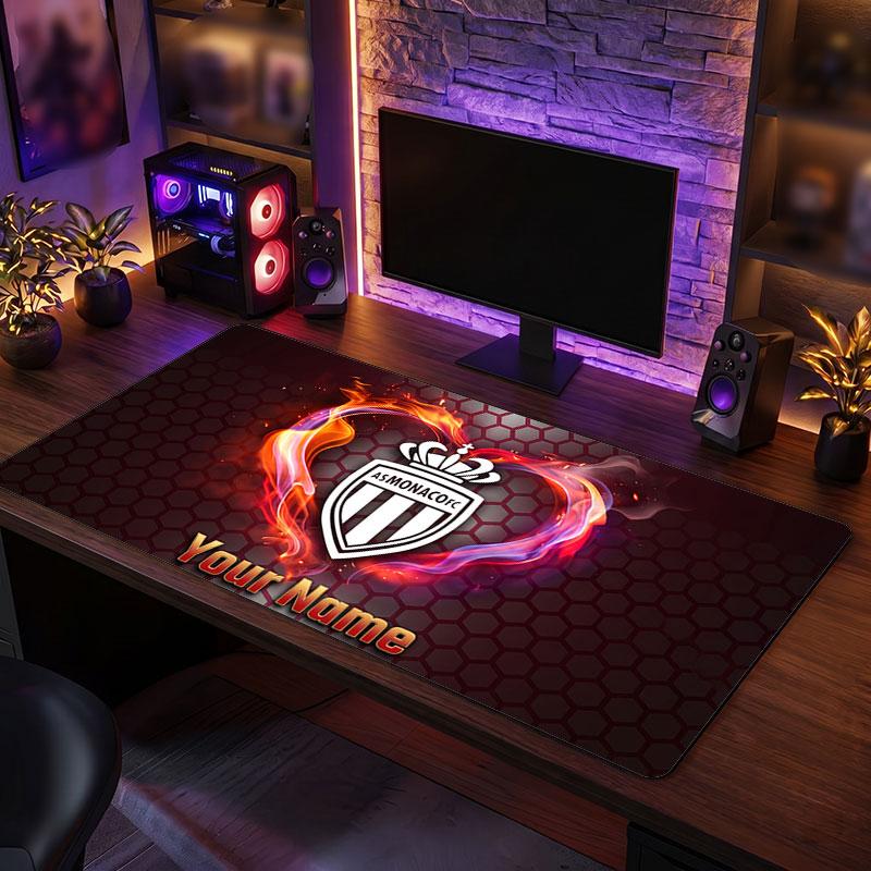 Monaco FC Custom Large Mouse Pad, Personalized Name Text Print, Football Logo Non‑Slip Desk Mat Gaming Gift