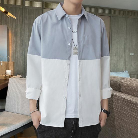 Spring Fall Men Shirt Turn-down Collar Printed Colorblock Button-down Cardigan Loose Streetwear Young Cargo Style Shirt Coat