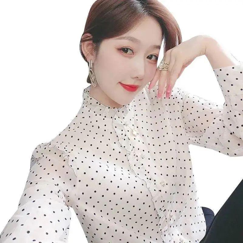Polka Dot Shirt Women's New Fashion French Long Sleeve Bottoming Blouse Spring Autumn Loose Stand Collar OL Top M-4XL