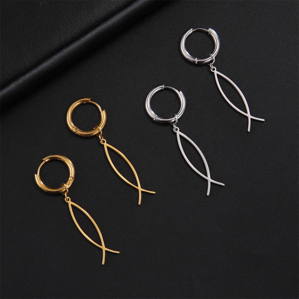 EUEAVAN Stainless Steel Ichthys Jesus Fish Dangle Earrings for Women Men Christian Symbol Hoop Earrings Amulet Religious Jewelry