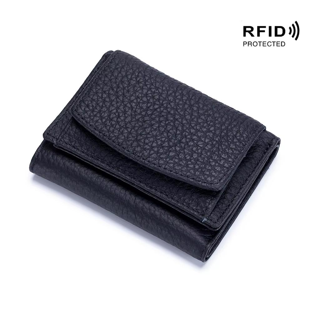 RFID Women Genuine Leather Small Wallets Female Portable Cowhide Purses Lady Card Holder Money Bag with Coin Pocket
