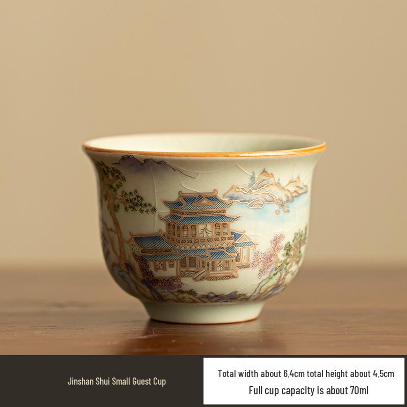 

Ru Kiln Crackle Glaze Gilded Gongfu Gaiwan & Teacup Set with Landscape Design - Gift Collection