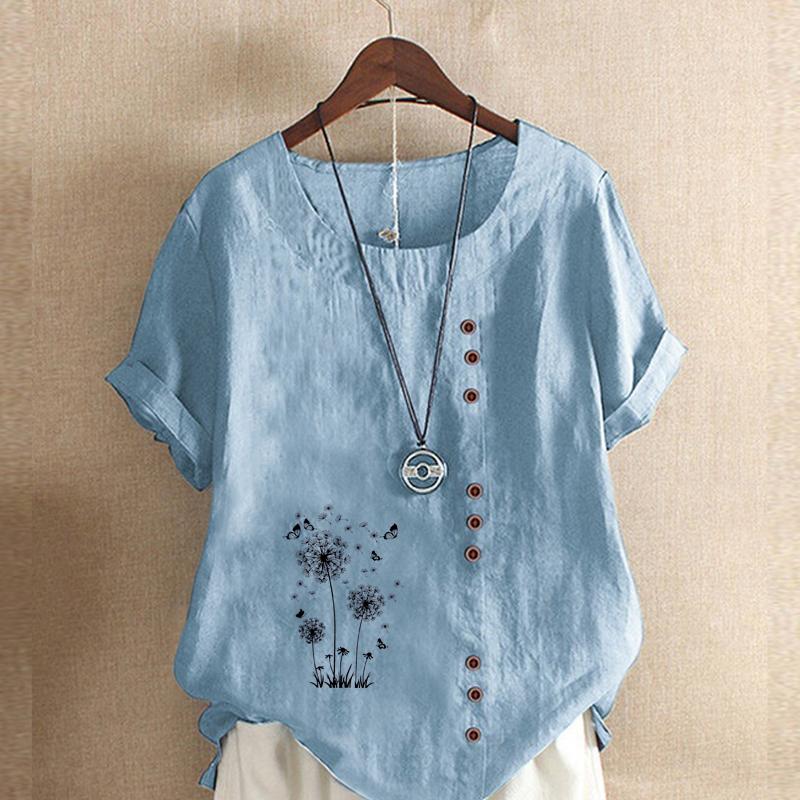 Women's Fashion Loose Cotton Shirt Black Dandelion Prined Short Sleeve T-shirt Casual Loose Summer Plus Size Blouse Tops