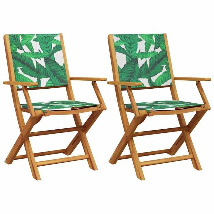 VidaXL Garden Chairs Set of 2 Leaf Pattern Acacia and Fabric, Garden Seat, Outdoor Seating, Folding Chair, 367673