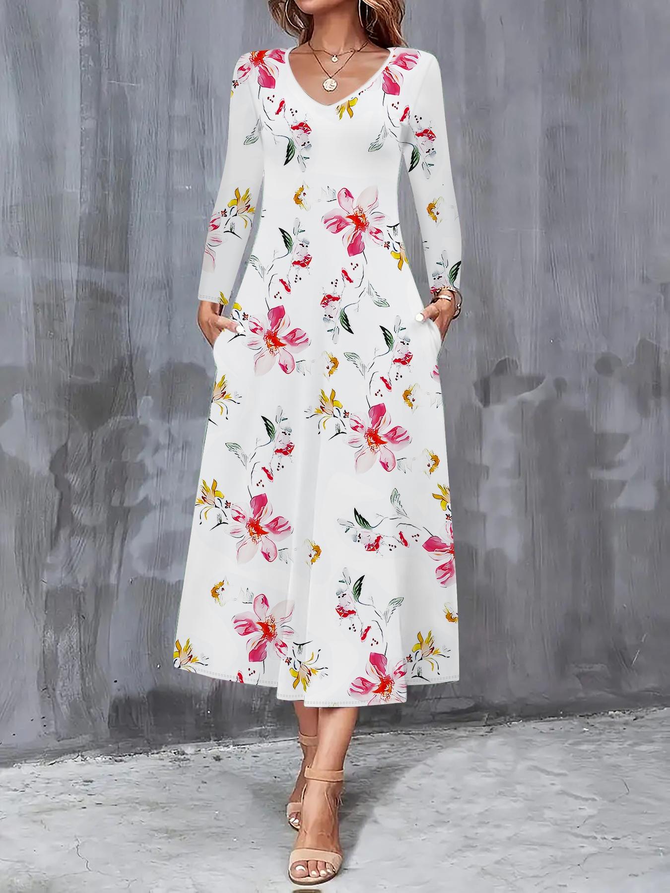 

2025 Осень и Зима Новое Женское Повседневное Модное Платье Осень 3D Цветочный Принт Длинный Рукав V-образный вырез А-силуэт Платья XXL красный