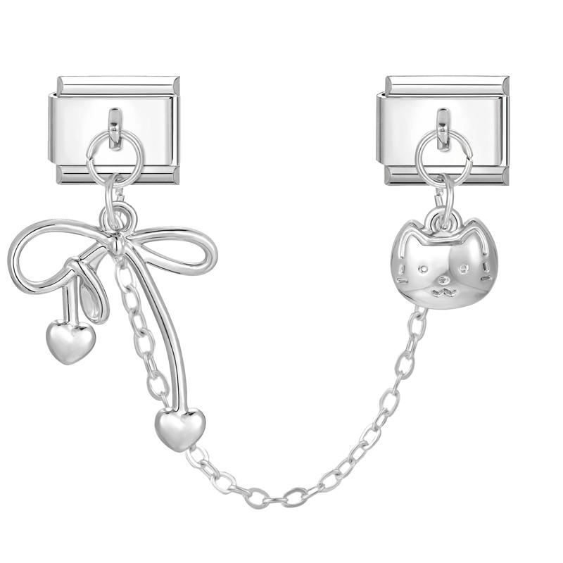 Zircon Bow Knot Moon Butterfly Star Cat Paw Tassel Chain Italian Charm Links Fit 9mm Stainless Steel Bracelet Women DIY Making
