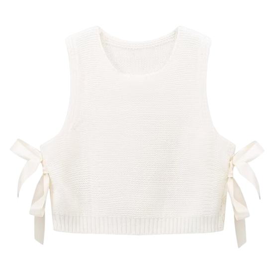 Women Knitted Vest Round Neck Sleeveless Crop Tank Bow Tie Decor Hollow