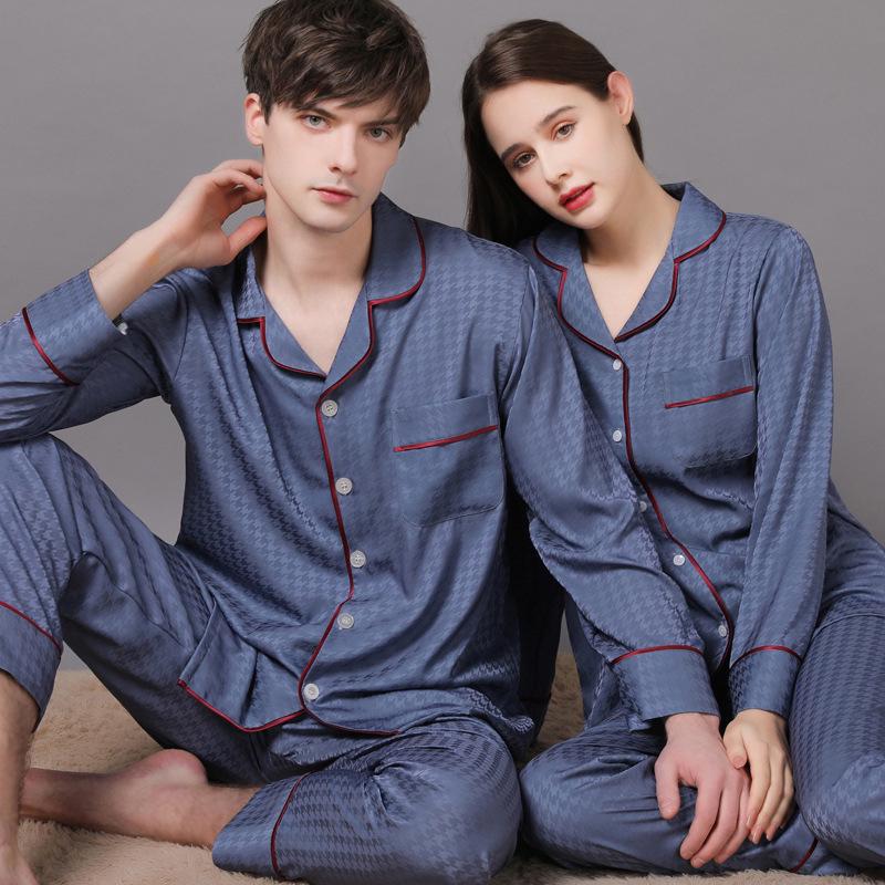 2022 Jarní a podzimní pár pyžam z ledového hedvábí - Dámské a pánské dlouhé kalhoty, nadměrná velikost, domácí oblečení
