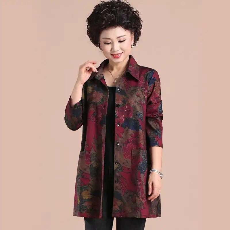 Осенний женский тренч для женщин среднего возраста с цветочным принтом, длинный рукав, лацканы, на пуговицах, свободный, средней длины, верхняя одежда XL красный