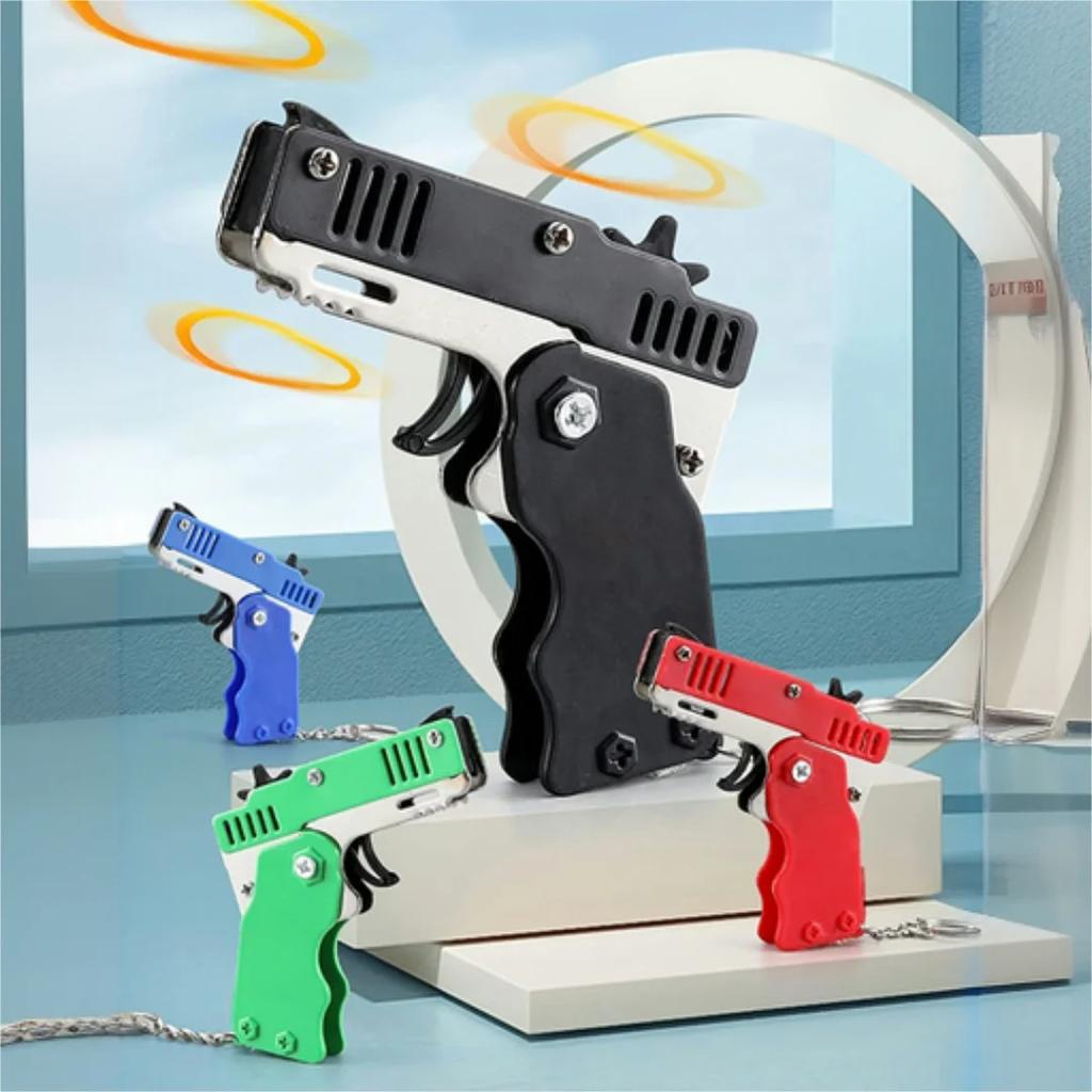 Kids Cool Mini Folding Rubber Launcher Toy with 60 Rubber Bands, Portable Toy for Outdoor Activities, Keychain Gift