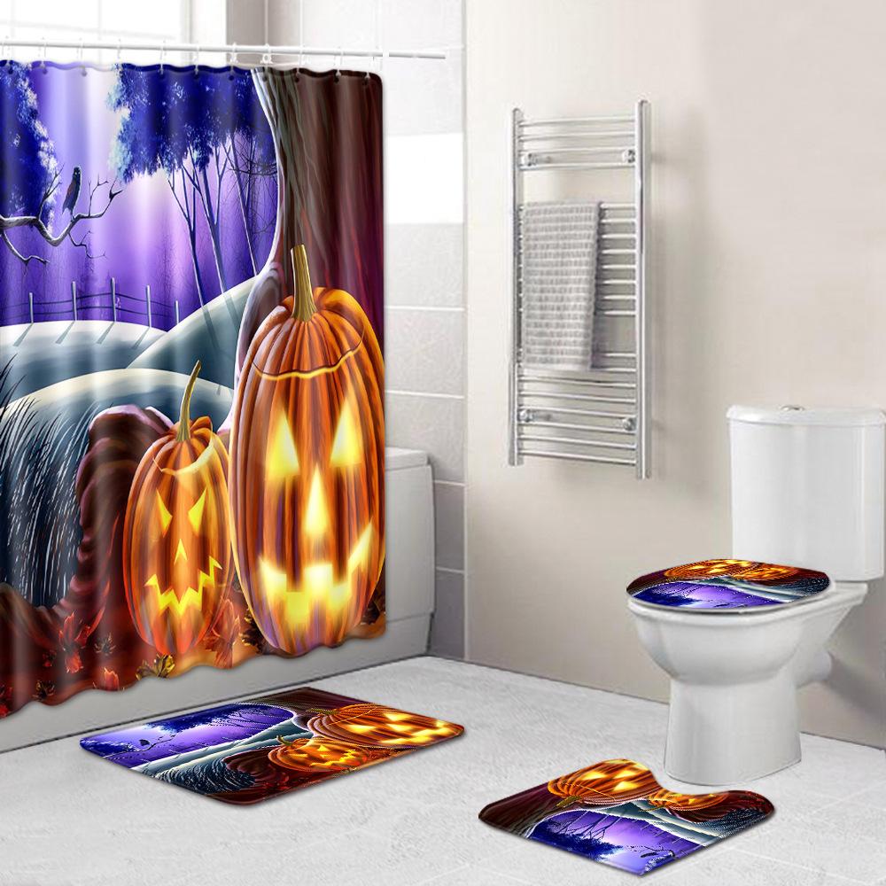 Halloween Duschvorhang Bodenmatte Kombination Vierteilige Haushalts-Fußmatte Schlafzimmer Rutschfester Teppich