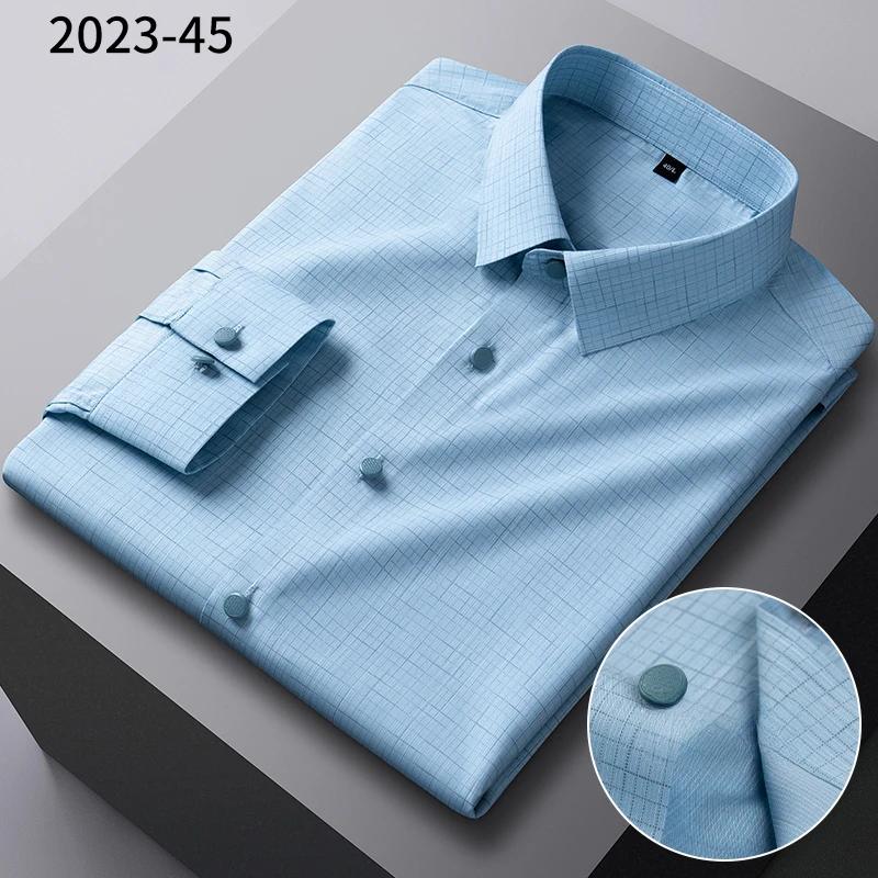 Bamboo fiber elastic plaid casual long sleeve shirts for men slim fit formal shirt soft easy-care fashion korean office clothes