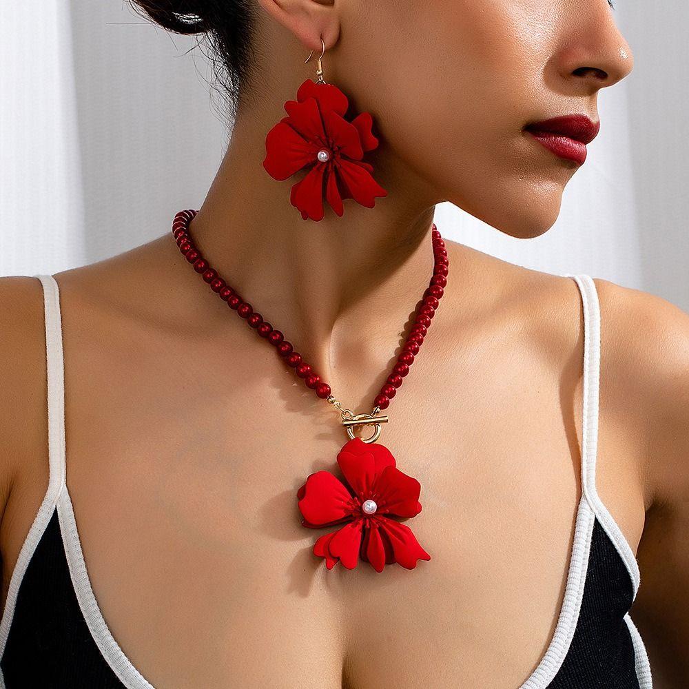 Light Luxury Flower Necklace Earrings Pearl Beaded Women's Necklace Suit  Banquet