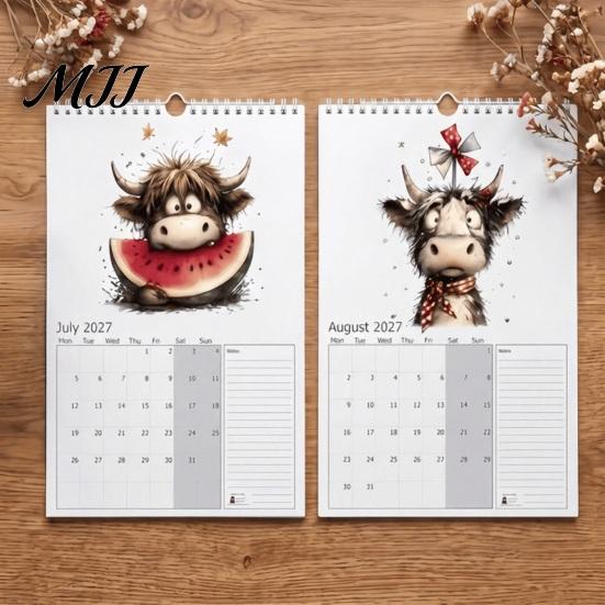 Monthly Wall Calendar Highland Cow 2027, Cute Hanging Planner for Home Holiday Gift Friends Office, Rustic Farmhouse Desk Decor, Unique Lovers