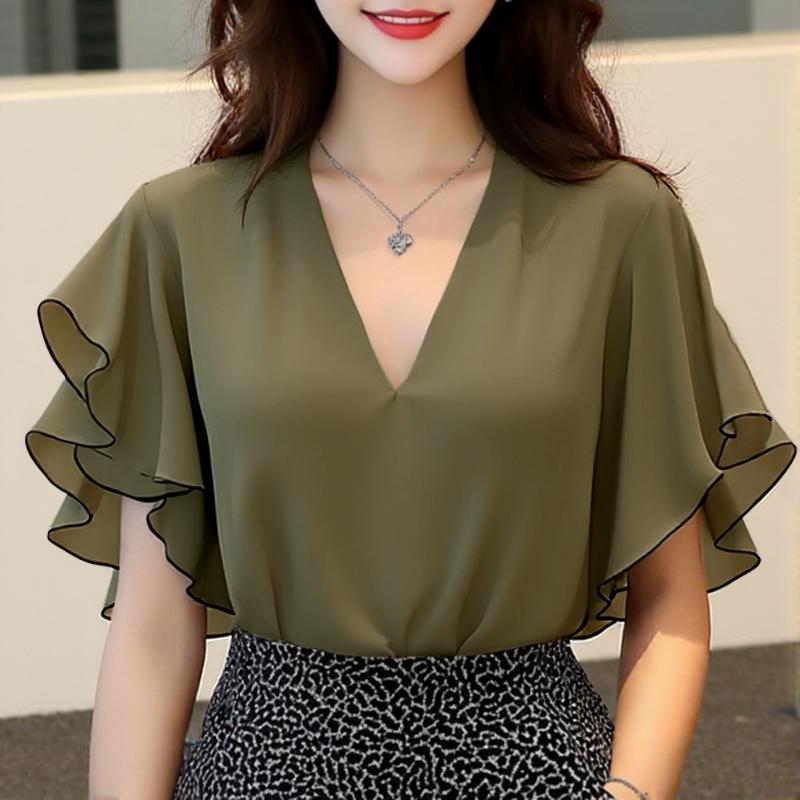 

ZANZEA Женская повседневная блузка с V-образным вырезом, оборками и короткими рукавами свободного кроя M