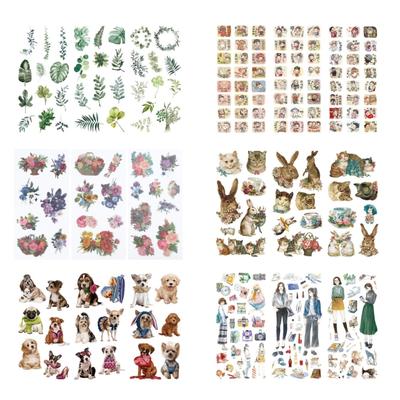 Stickers Scrapbooking Rétro Stickers Esthétiques Fleurs Stickers Chien Chat Lapin pour DIY Journal Album Planner Scrapbooking