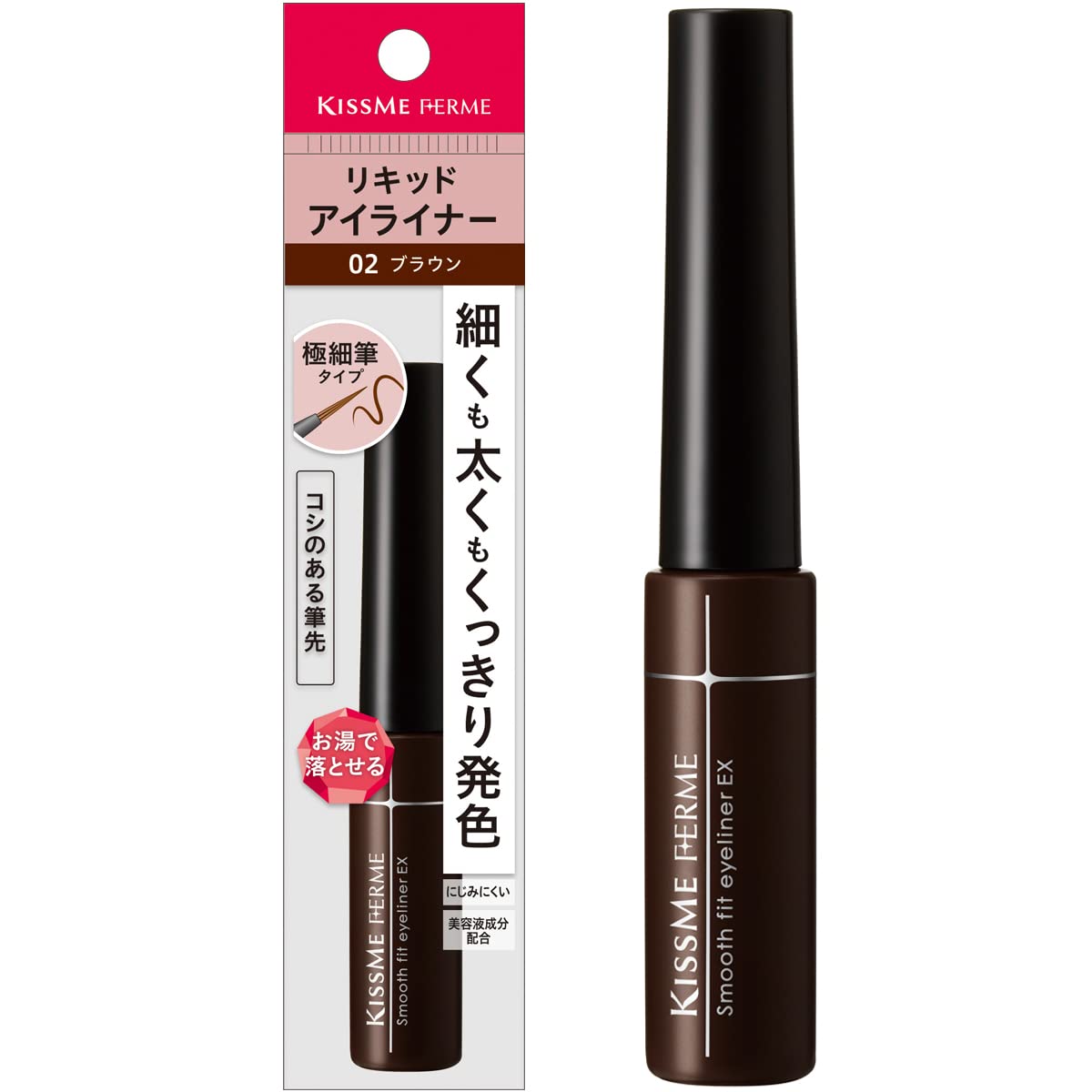 

Подводка для глаз Kiss Me FERME Smooth Fit Eyeliner 02 Brown, 6 мл, жидкая подводка для глаз, которую можно наносить как тонким, так и толстым слоем с помощью горячей воды. Ультратонкая