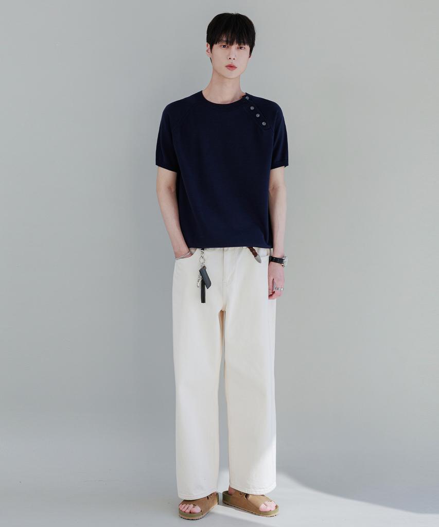 NODU Shoulder Button Raglan Crop Half Knit [Navy]