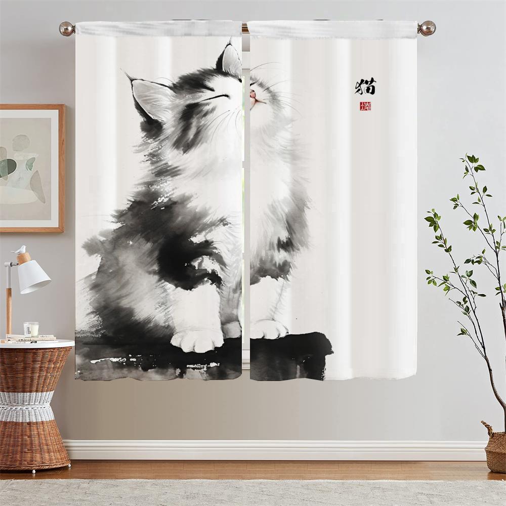White Curtains for Living Room Ink Cat Painting Curls Kitchen Curtain Tiebacks Short Window Curtains 2 Pcs Set Partition Blinds