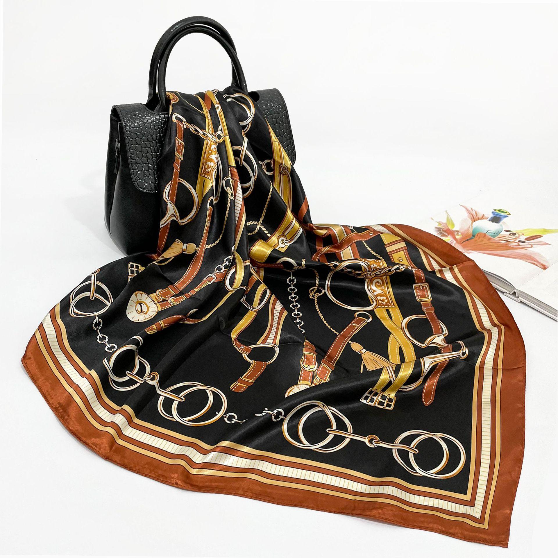 

Высококачественные роскошные шелковые шарфы, повязка на голову, шарфы, шейный шарф для женщин, шелковый шарф с цепочкой, женская декоративная шаль 90*90cm