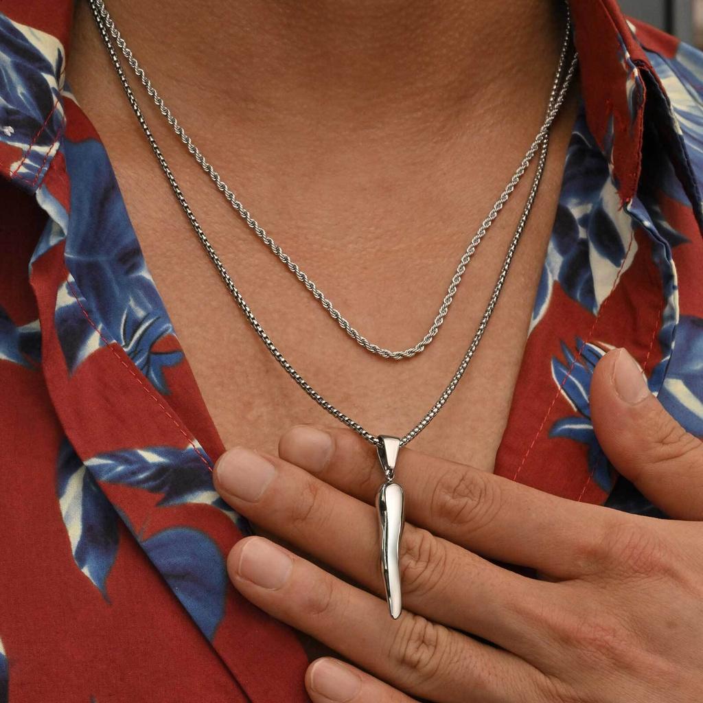 Vnox Stainless Steel 2pcs Necklaces For Men Boys, Two Style Chains Cool Italian Horn Pendant, Talisman Protection Gifts To Teen