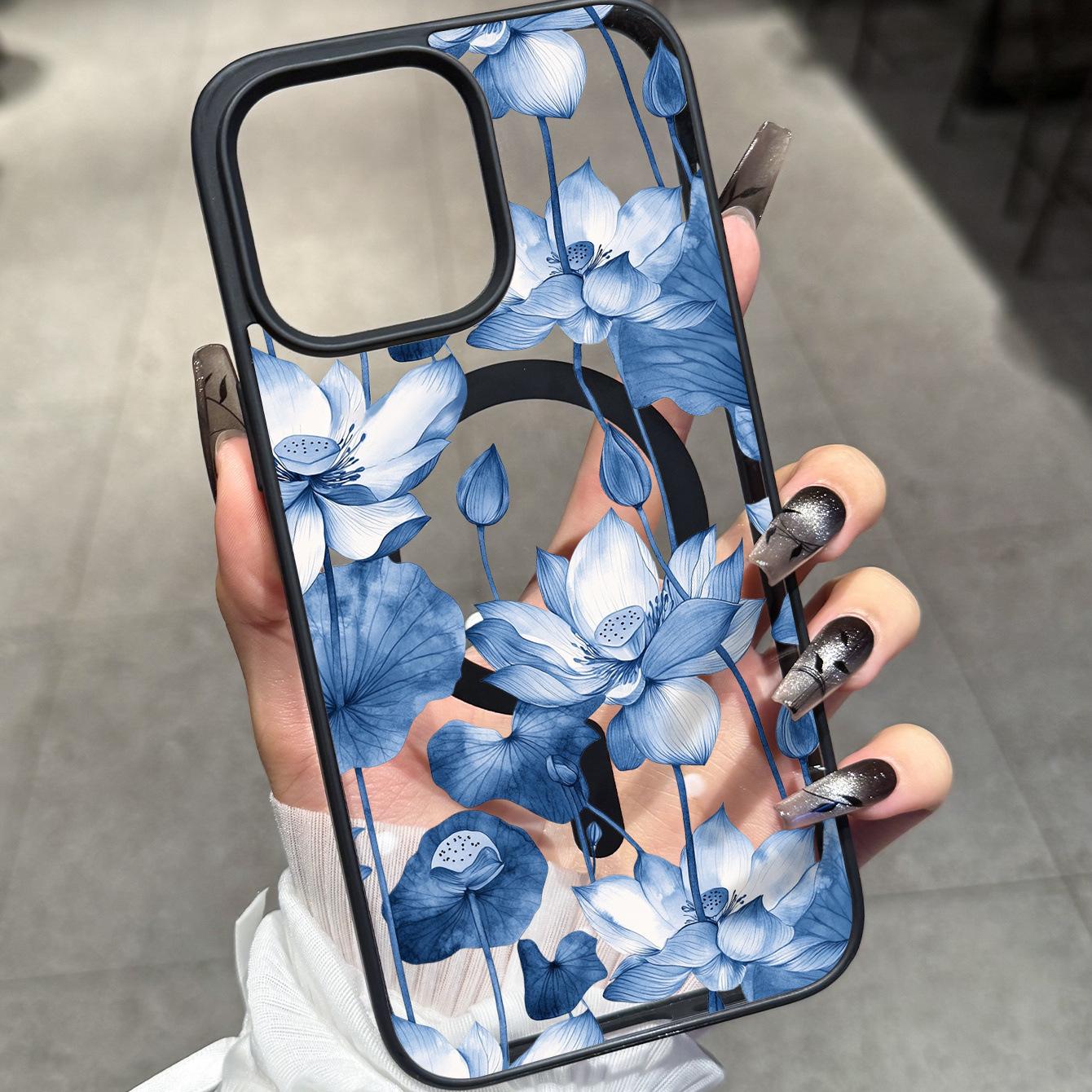 

Blue Lotus Transparent Case for iPhone 16 and 17 Pro with Vine Design iPhone 17