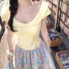Vintage Korean Style Floral Print Midi Skirt With Elastic Waist For Casual Spring Fashion