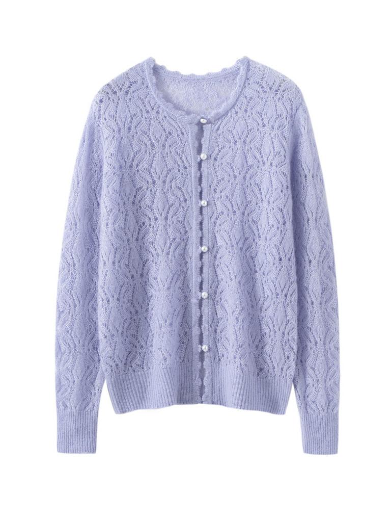 2026 Autumn Women's Cashmere Silk Round Neck Cardigan - Thin Crochet Outerwear