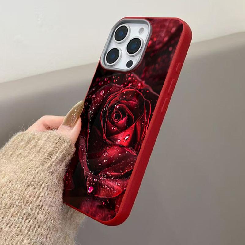 Elegante Rote Rose Regentropfen Muster Weiche Handyhülle für iPhone 17 16 Pro Max 16E 15 14 13 12 11 XS XR 7 8 Plus 1 Air Mattes Cover