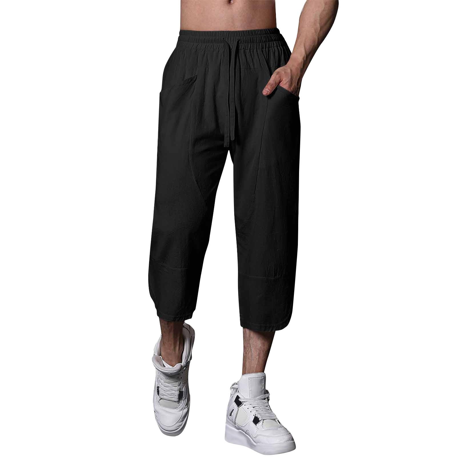 

Мужские летние повседневные укороченные брюки на шнурке Мужские дышащие укороченные брюки из хлопка и льна S чёрный