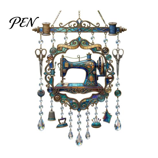 Vintage Style Artistic Ornament Sewing Machine Crystal Wind Chime, Acrylic Outdoor Hanging Suncatcher, for Enthusiasts Colorful Pendants Garden