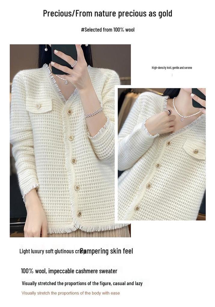 Elegant Korean Style Women's Knit Cardigan, Autumn/Winter 2023, High-end Niche Design in White.