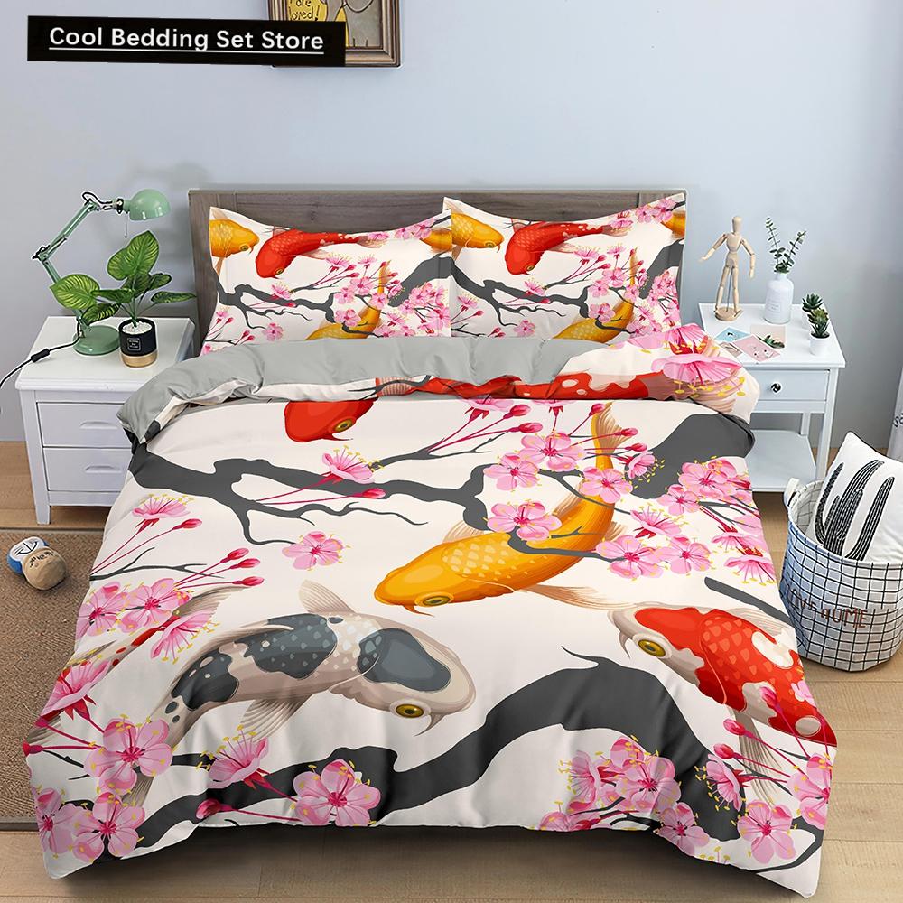 Goldfish Duvet Cover King/Queen Size Golden Red 3D Animal Bedding Set for Kid Teen Adult,Fish Themed Quilt Cover with Pillowcase