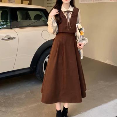 Hepburn Style Faux Two-Piece Long Sleeve Dress - Korean Slim Fit French Over-the-Knee Dress for Spring & Autumn