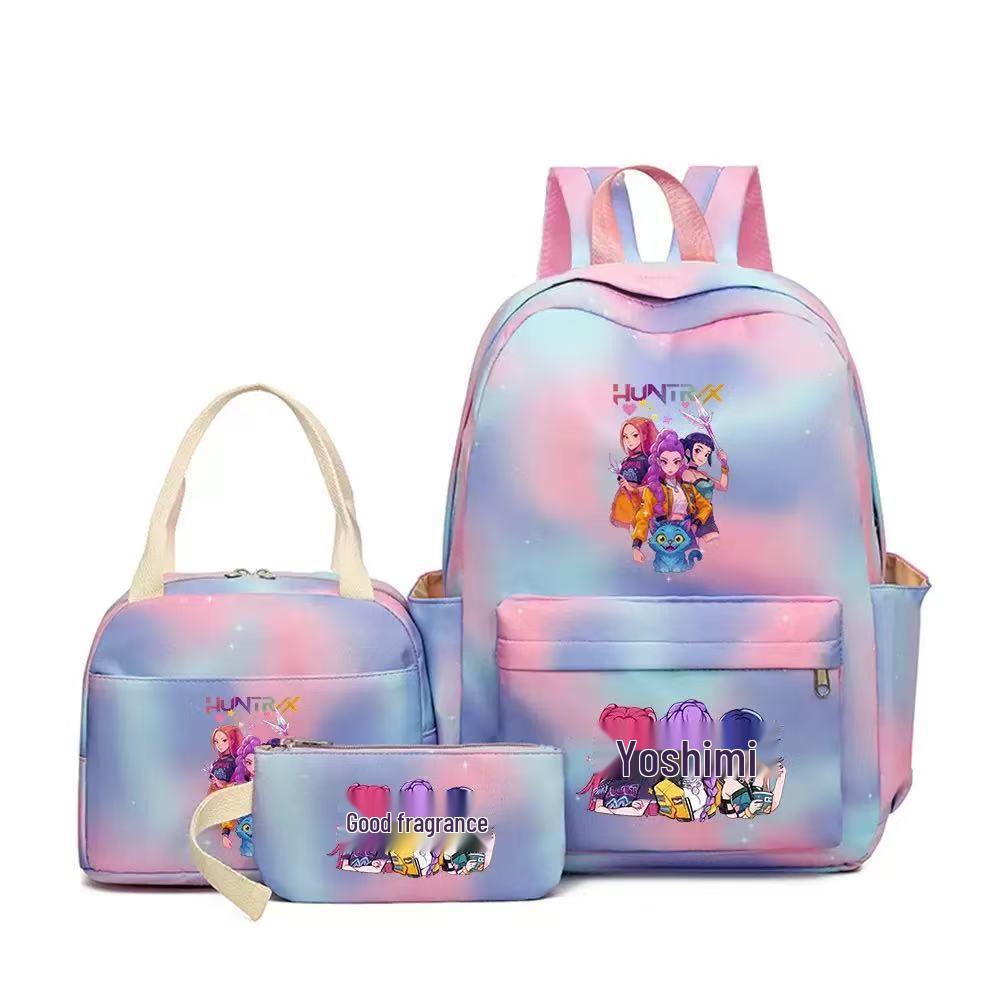 KPOP Dämonenjägerin Girlgroup Rucksack, Brotdose & Federmäppchen Set - Anime Schultasche & Bento Box Kombi