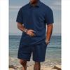 Men's Casual Breathable Button-down Placket Polo Shirt Solid Color High-quality Stand-up Collar Short-sleeved Shorts Set