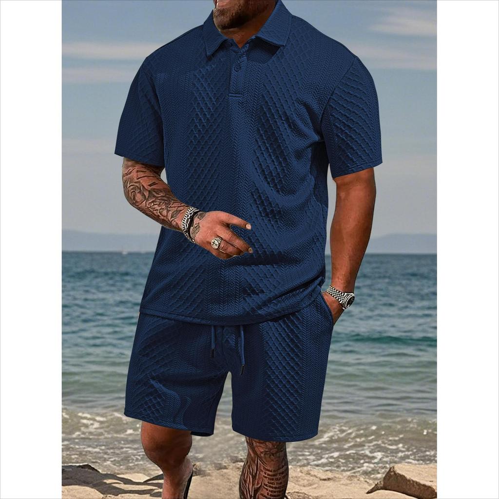 Men's Casual Breathable Button-down Placket Polo Shirt Solid Color High-quality Stand-up Collar Short-sleeved Shorts Set