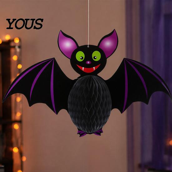 Three-dimensional Halloween Party Decor Honeycomb Hanging Decor, Waterproof Paper Witch Bat Pumpkin Ornament Props for Ceiling Window Display, Spooky