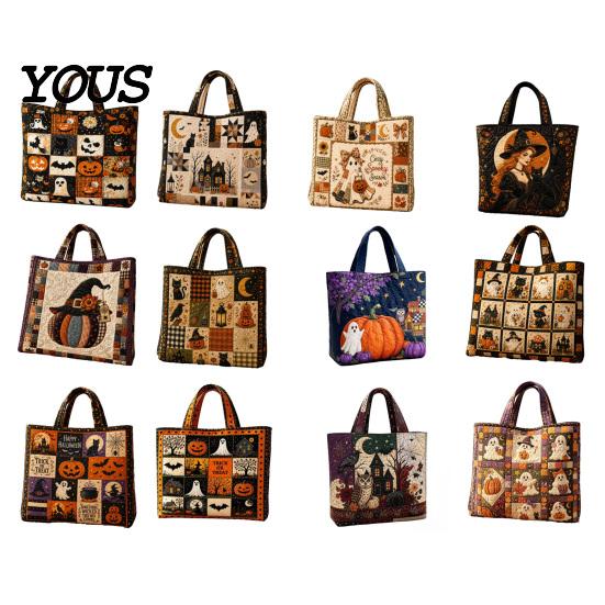 Katzenmotiv Wiederverwendbare Einkaufstasche Halloween Gesteppte Tragetasche, Kürbis Geist Aufdruck Schulter Leichte Pendler Tasche Polyester Handtasche für Freizeit