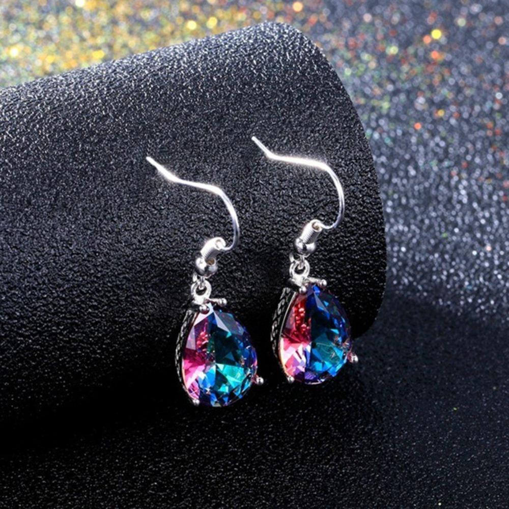 925 Silver Rainbow Color Drop Pear Shape Earrings with Multicolor Stone Jewelry for Women