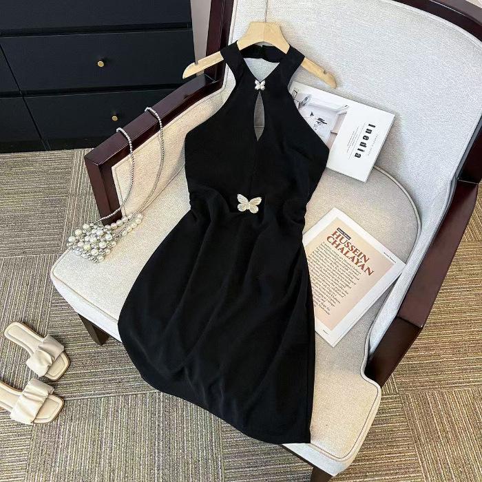 Guofeng New Chinese Style Black Neck Butterfly Short Skirt Summer Design Elastic Sexy Hip Wrap Backless Dress Women S