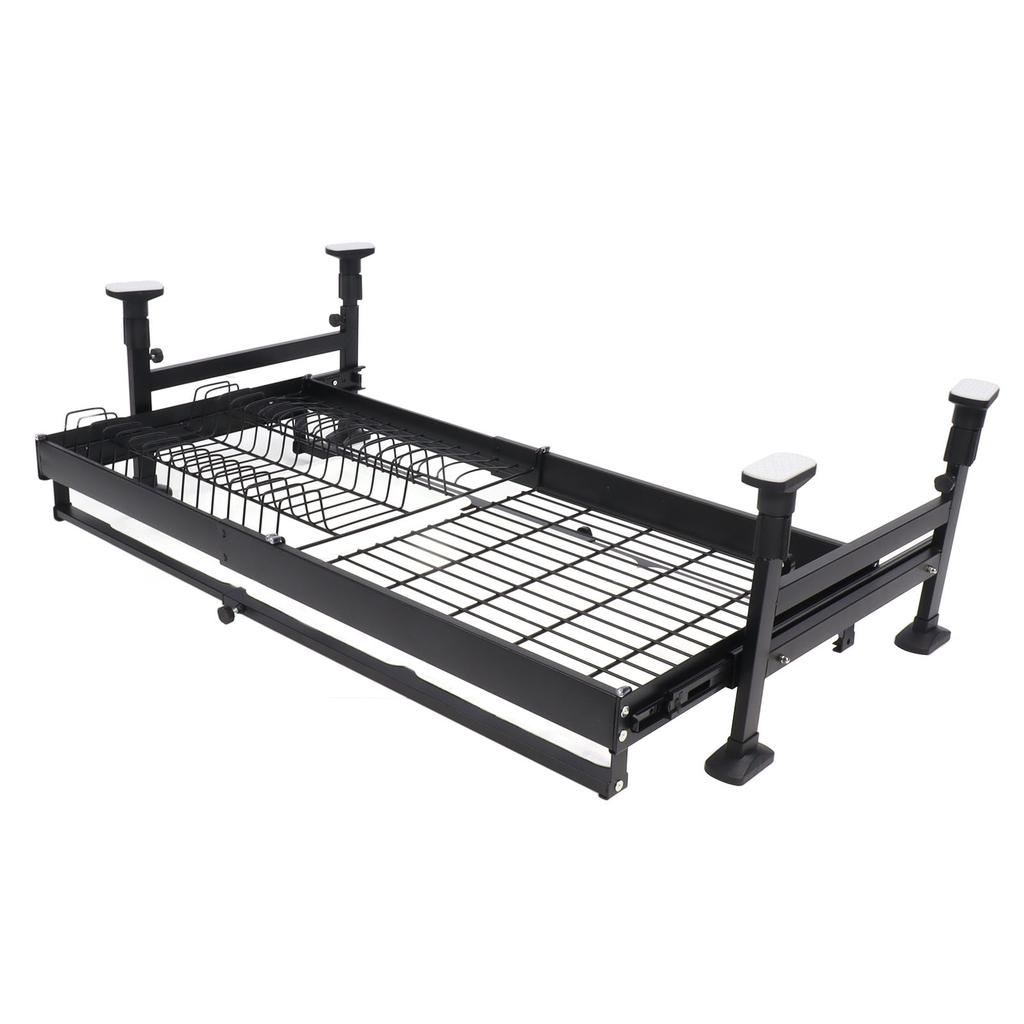2 Tier Large Dish Rack Pull Out Double Layer Dish Drying Rack with Drain Tray for Kitchen Black