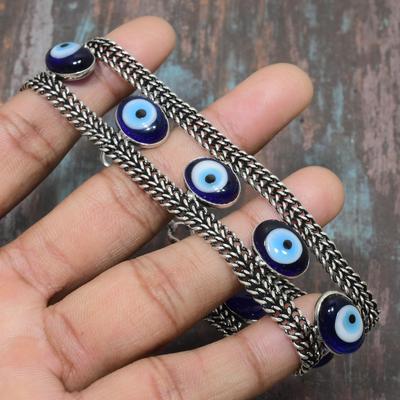 Očarujúci ručne vyrobený náramok z drahokamov Blue Evil Eye z 925 mincového striebra