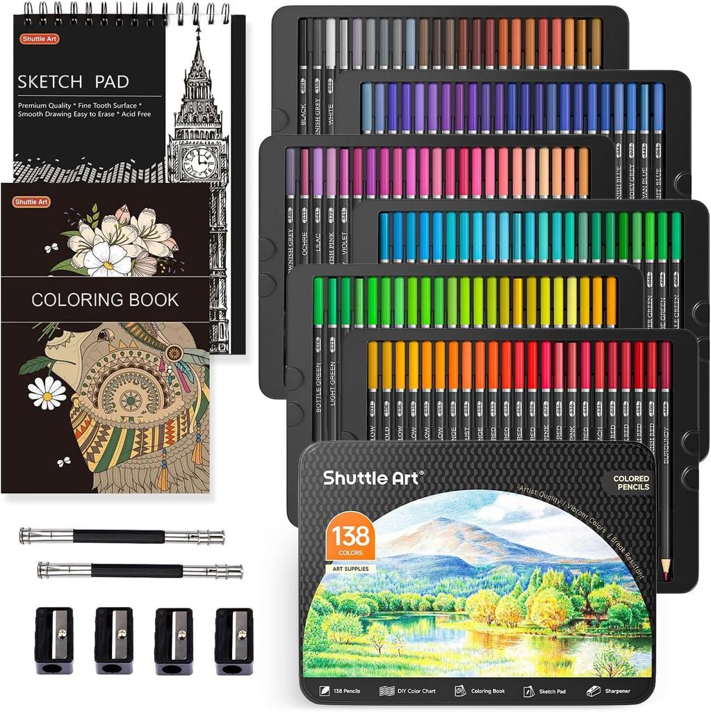 Shuttle Art Colored Color Adult Coloring Metallic Pencil Tin Entrance Gift Pencils, 138-Color Set, Oil-Based Pencils, Pens, Books, Colors, Sketchbook,