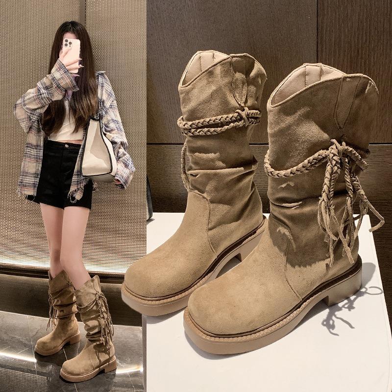 Temperament retro boots children's new autumn thick heel heightened pile boots look thin but knee boots