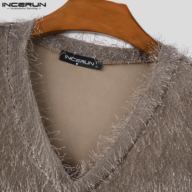 INCERUN Men V Neck Long Sleeve Tassels Warm Tops Stretch Pullovers