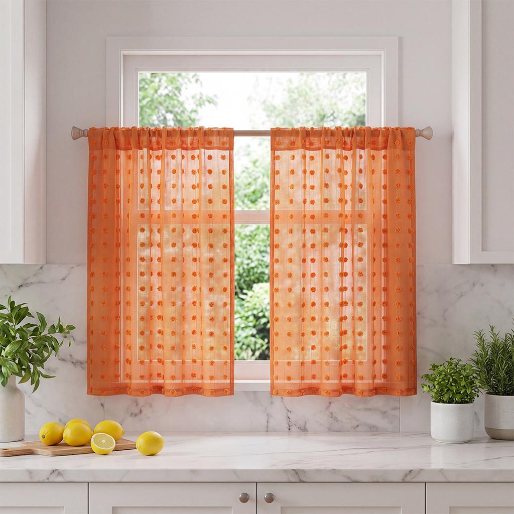 Kitchen Curtains, 2-Piece Set, Polka Dot Jacquard, Rod Pocket Top